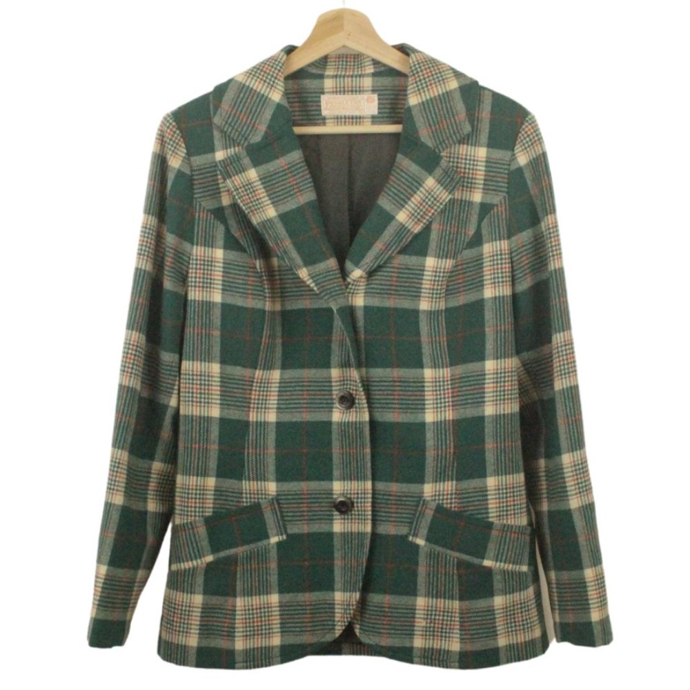 Vintage Pendleton Virgin Wool Plaid Blazer Coat Green Size 16